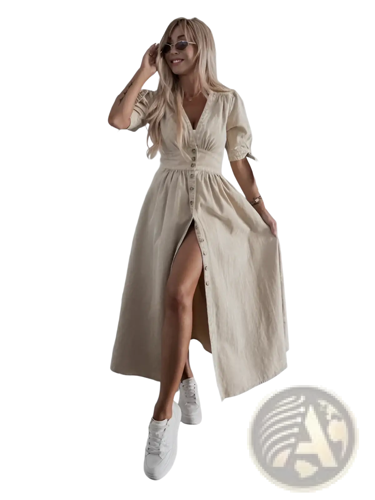 Button Front Denim Midi Dress with Puff Sleeves