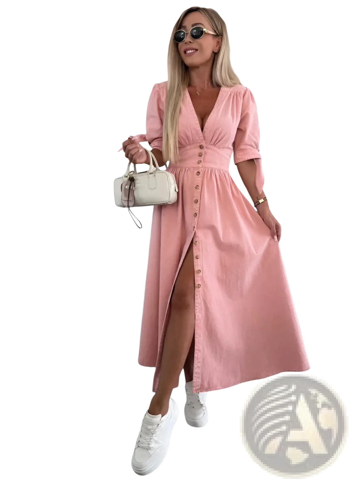 Button Front Denim Midi Dress with Puff Sleeves