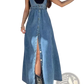 Button Front High Slit Denim Maxi Overall Dress