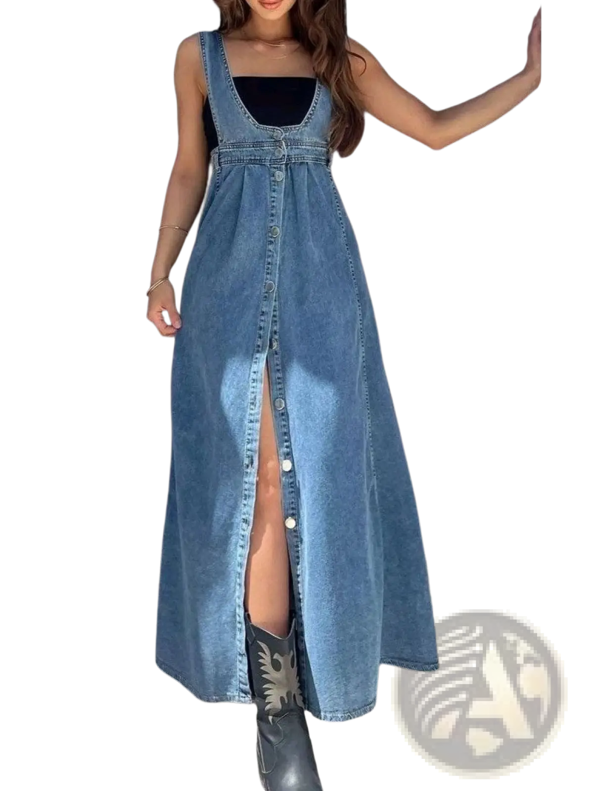 Button Front High Slit Denim Maxi Overall Dress