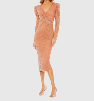 Mac Duggal - Beaded Wrap Over Puff Sleeve Dress