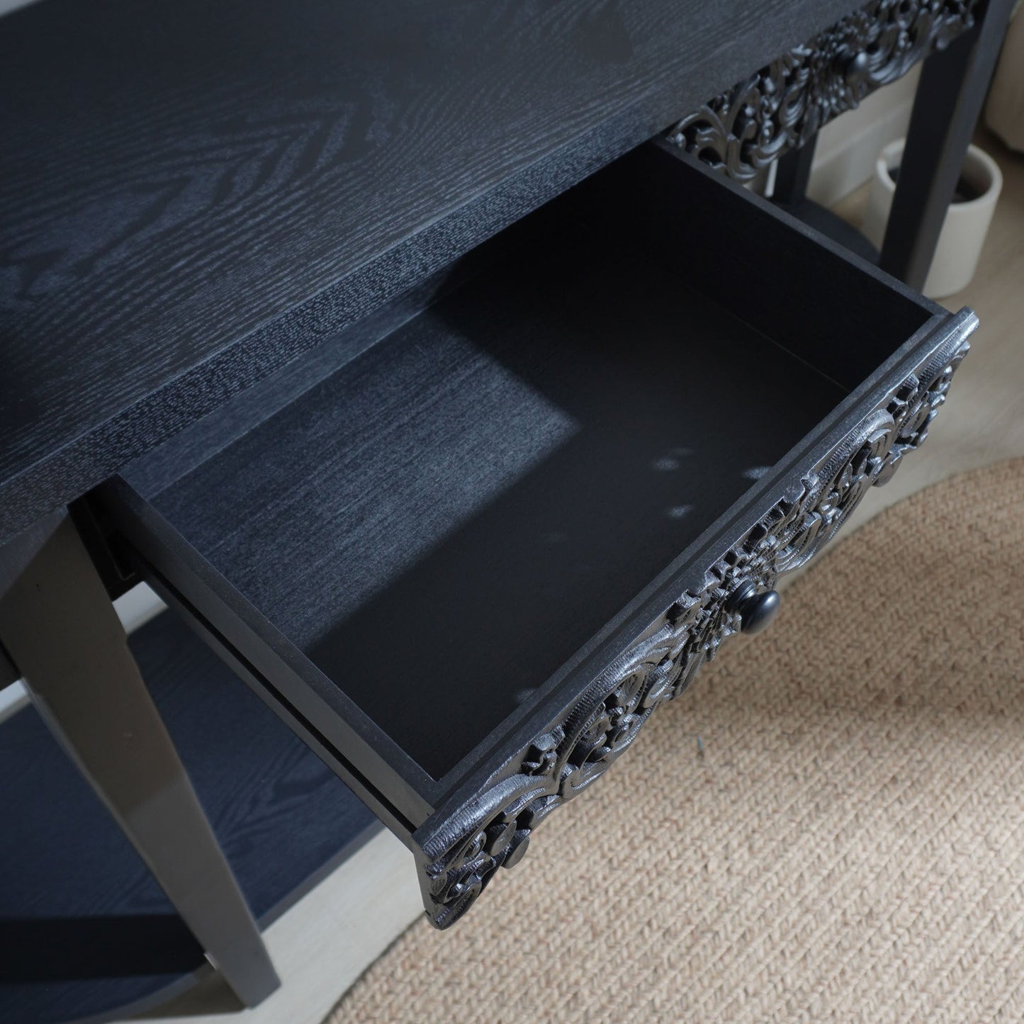 59.2in Black Carved Wooden Console Table with Lower Storage Shelf and Drawers