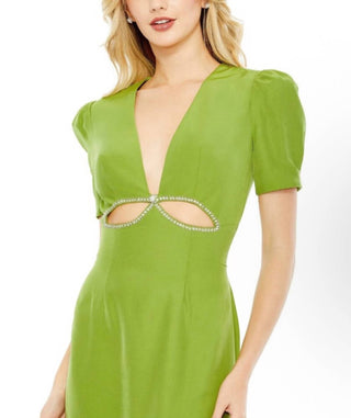 Mac Duggal - Plunge Neck Puff Sleeve Cut Out Gown