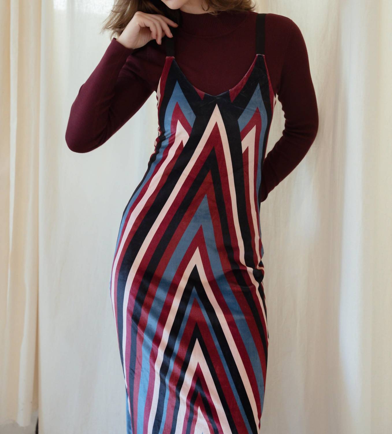 Mima Rosso - Velour Striped Pinafore Dress