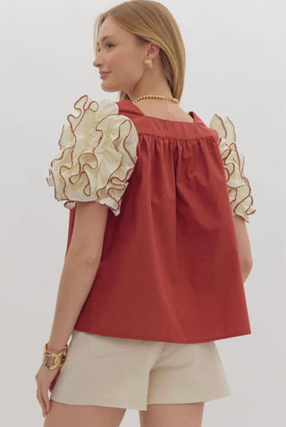 Entro - brick blouse with white ruffle