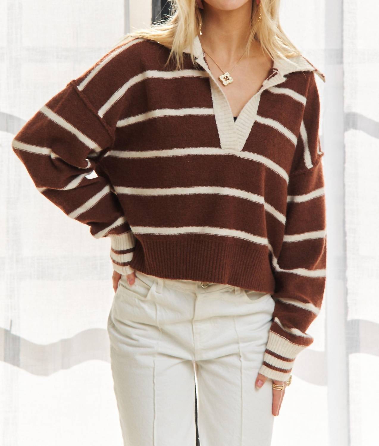 Adora - Stripe Rugby Collar Sweater Top