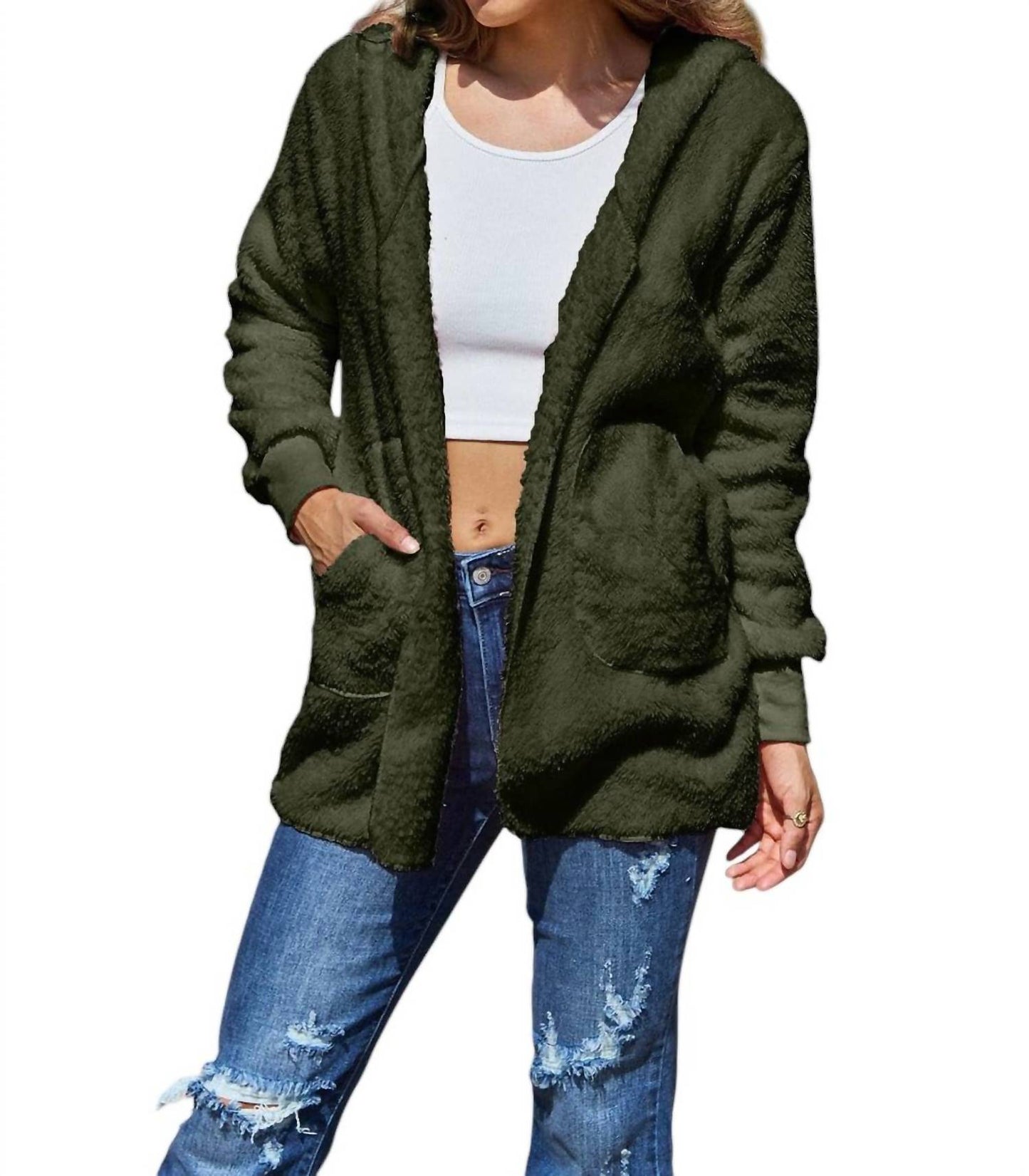 Double Take - Full Size Teddy Hooded Jacket with Pockets