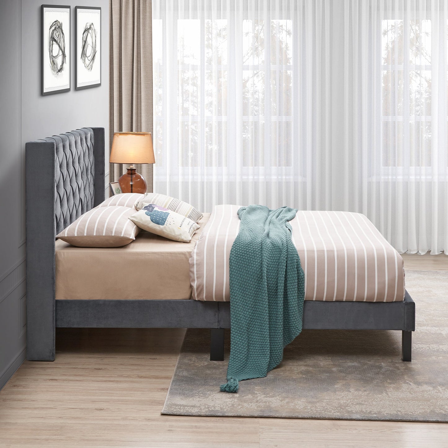 Velvet Button Tufted Upholstered Bed with Wings Design - Queen