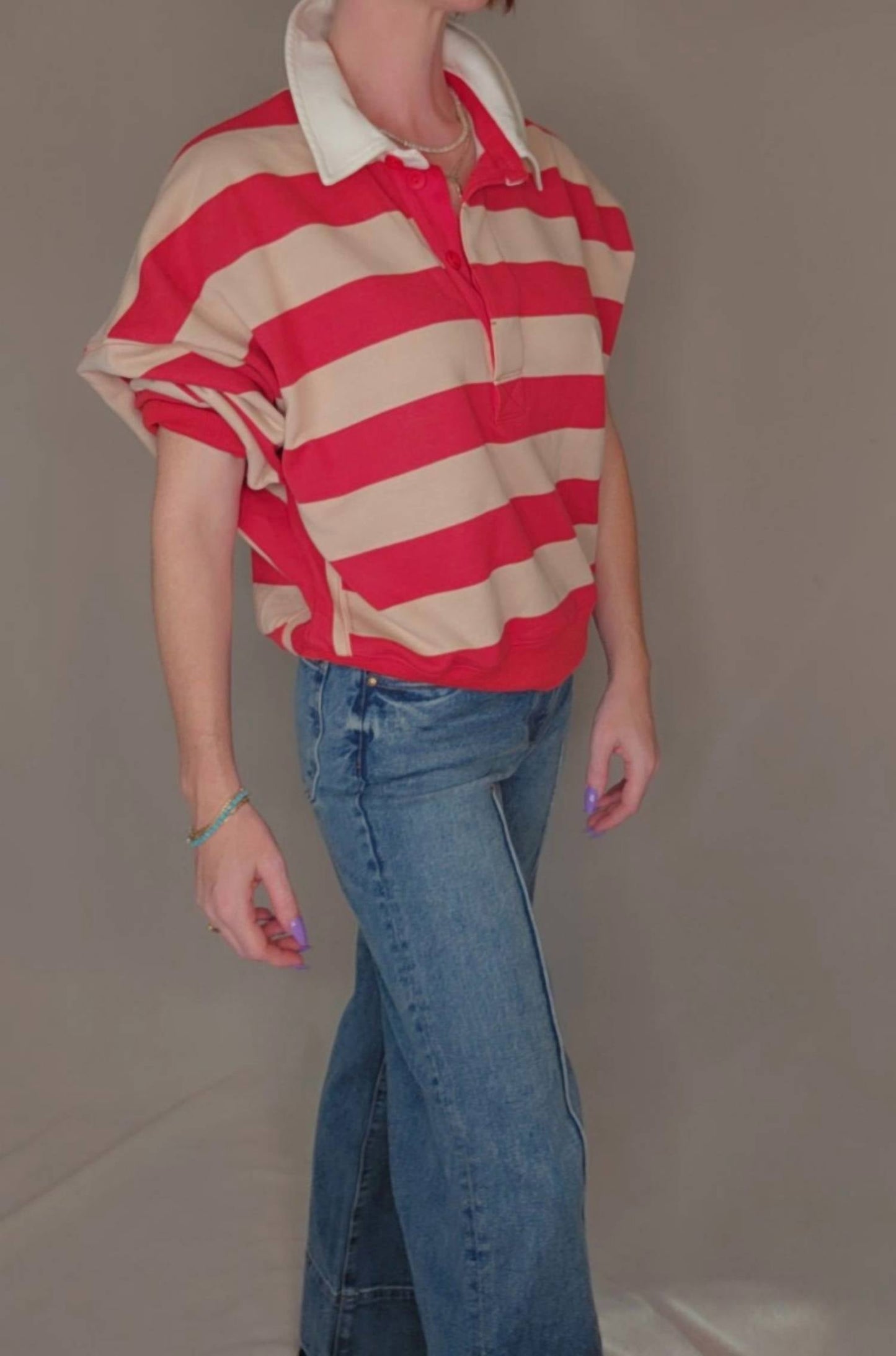 By Together - Striped Rugby Half Button Up Tee