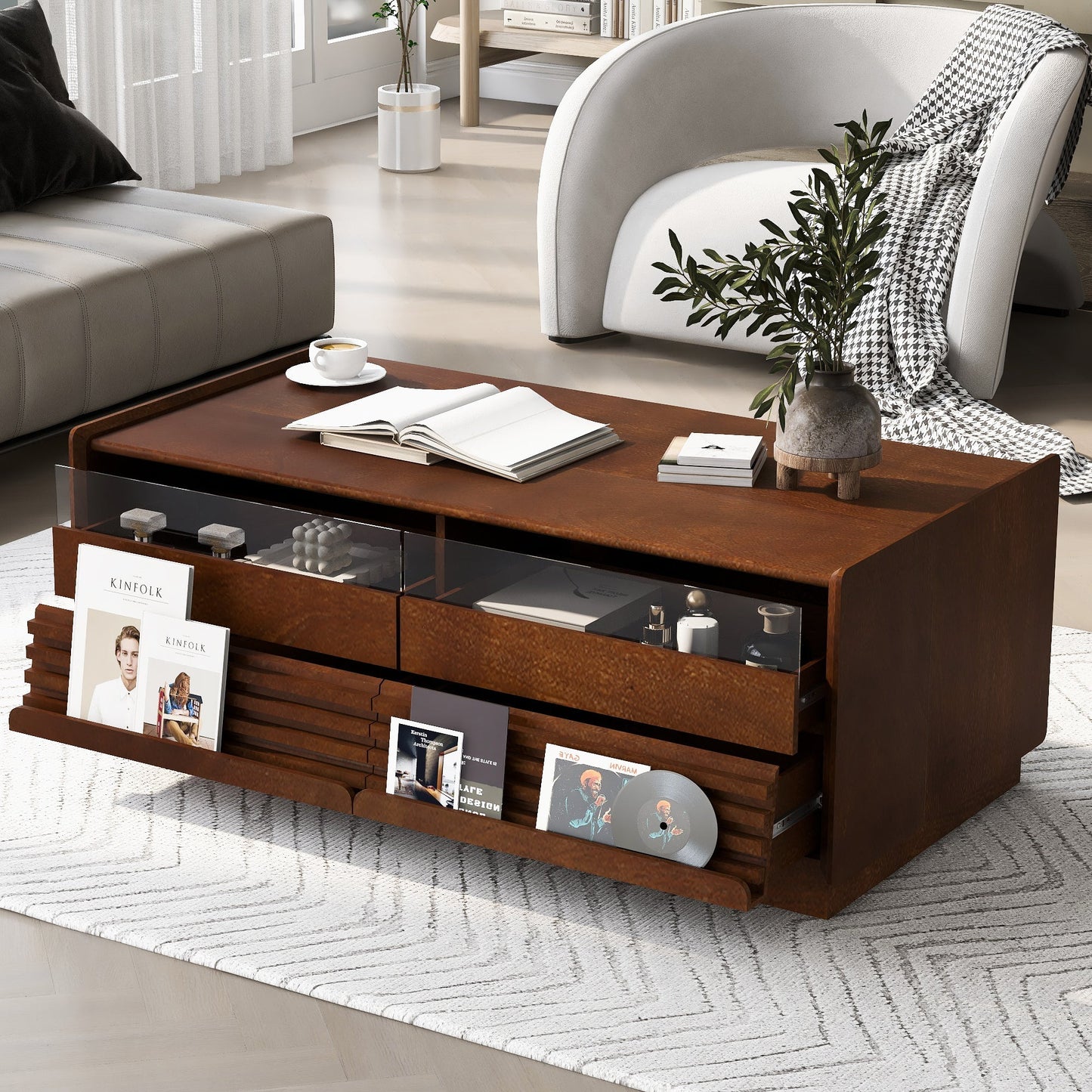 Modern Rectangle Coffee Table with 4 Drawers and 2 Display Shelves