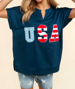 Haptics - Notched Neck Dolman Embossed Star & Stripe Usa Patch Top
