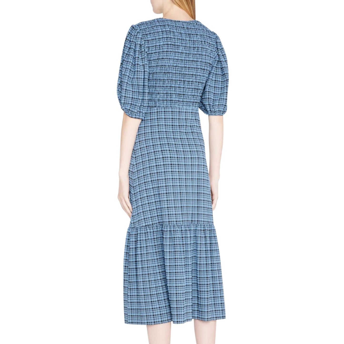 Ganni - SEERSUCKER SMOCKED MIDI DRESS
