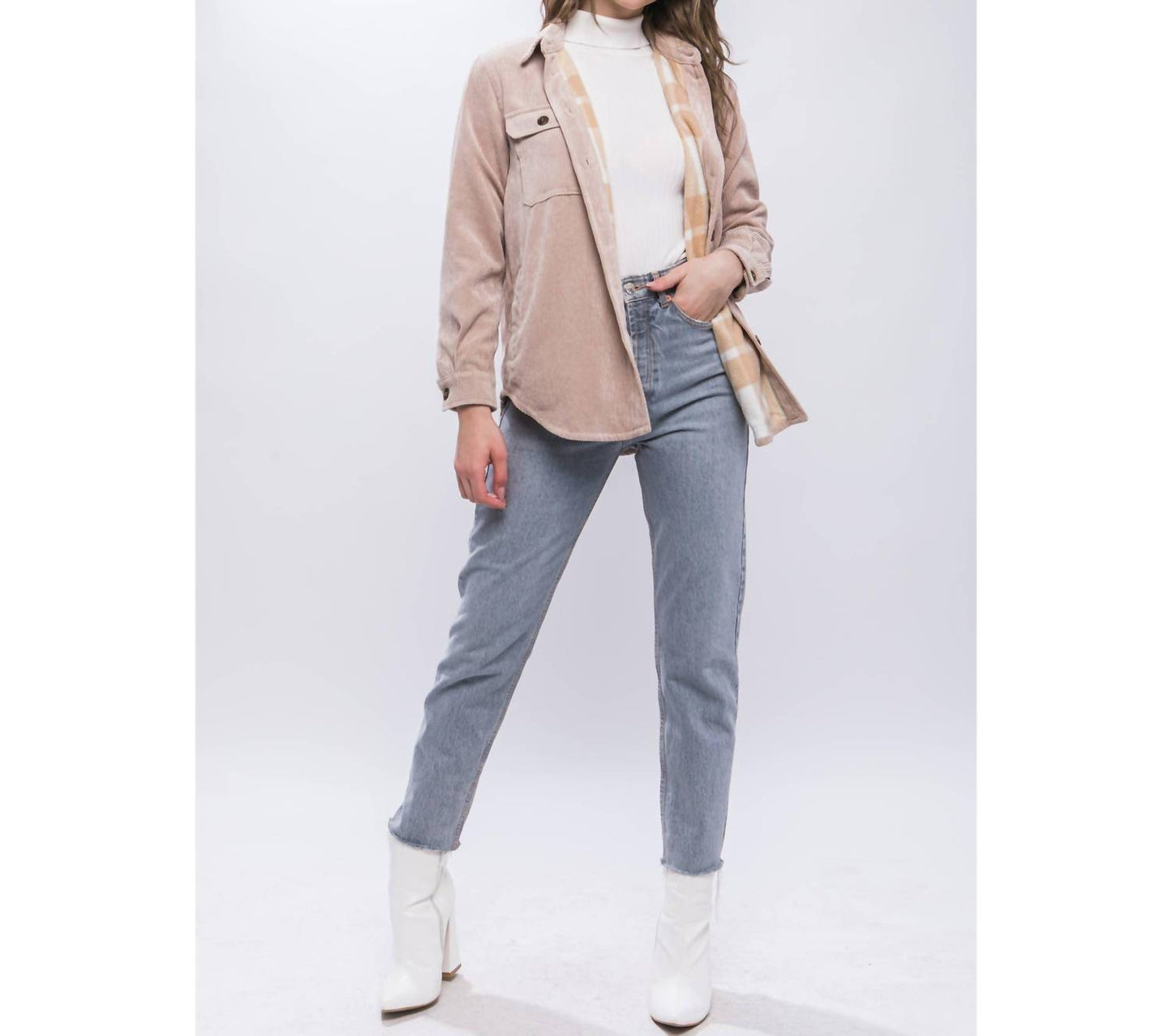 Apolline - Bonfire Heart Corduroy Shacket with Cozy Plaid Lining