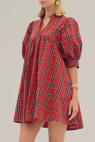 Entro - Plaid Puff Sleeve Holiday Dress