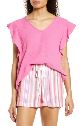 Caslon Women's V Neck Ruffle Sleeve Cotton Top - Pink Ibis