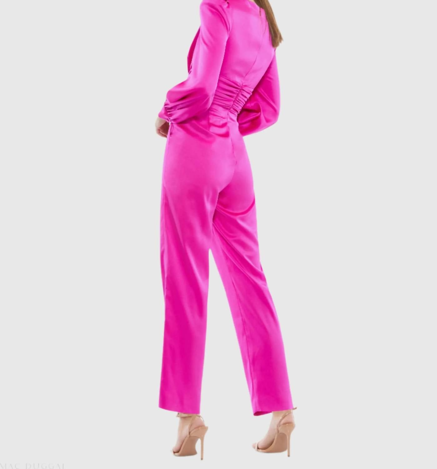 Mac Duggal - Front Twist Puff Sleeve Deep V Jumpsuit
