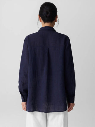 Eileen Fisher - Puckered Linen Stripe Classic Collar Shirt