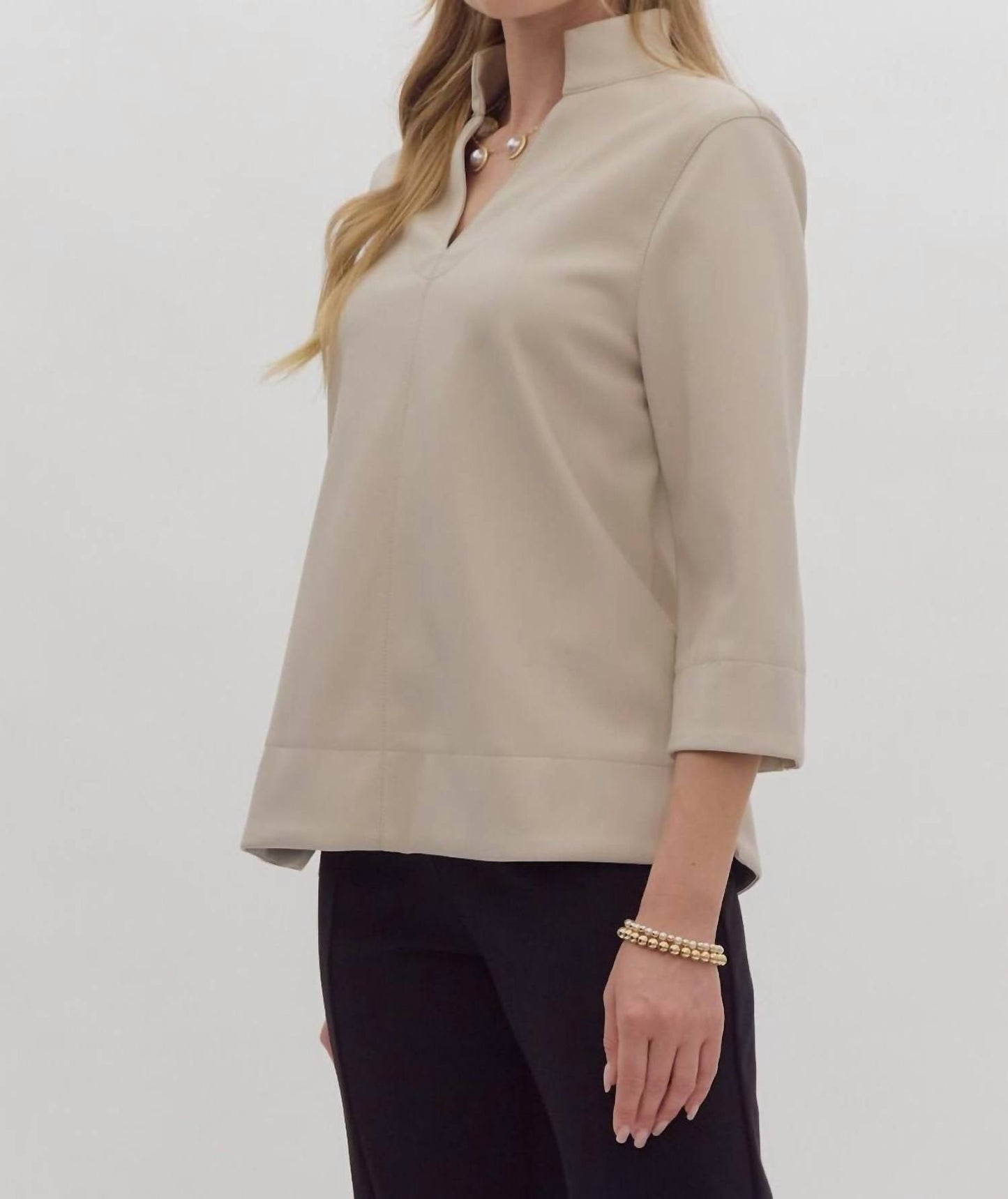 Entro - Faux Leather V-neck Pleather Blouse