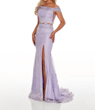 Rachel Allan - Beaded Lace Two-piece Prom Gown With High Slit