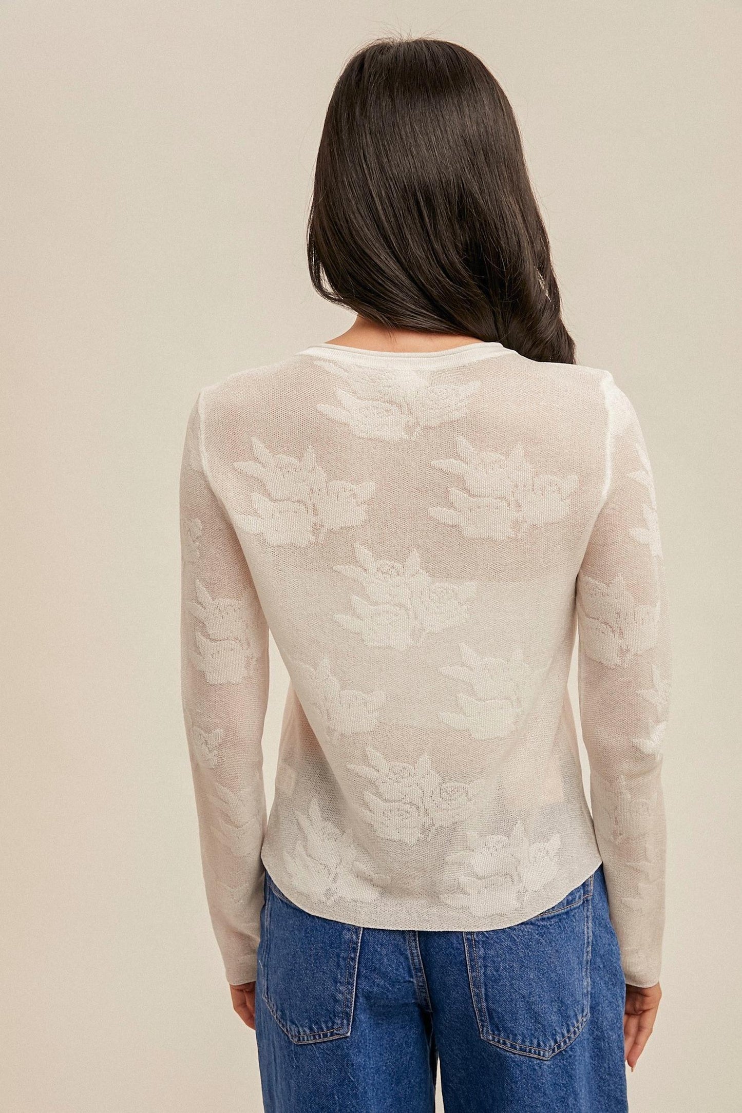 Hem & Thread - Floral Pattern Sheer Sweater Knit Top