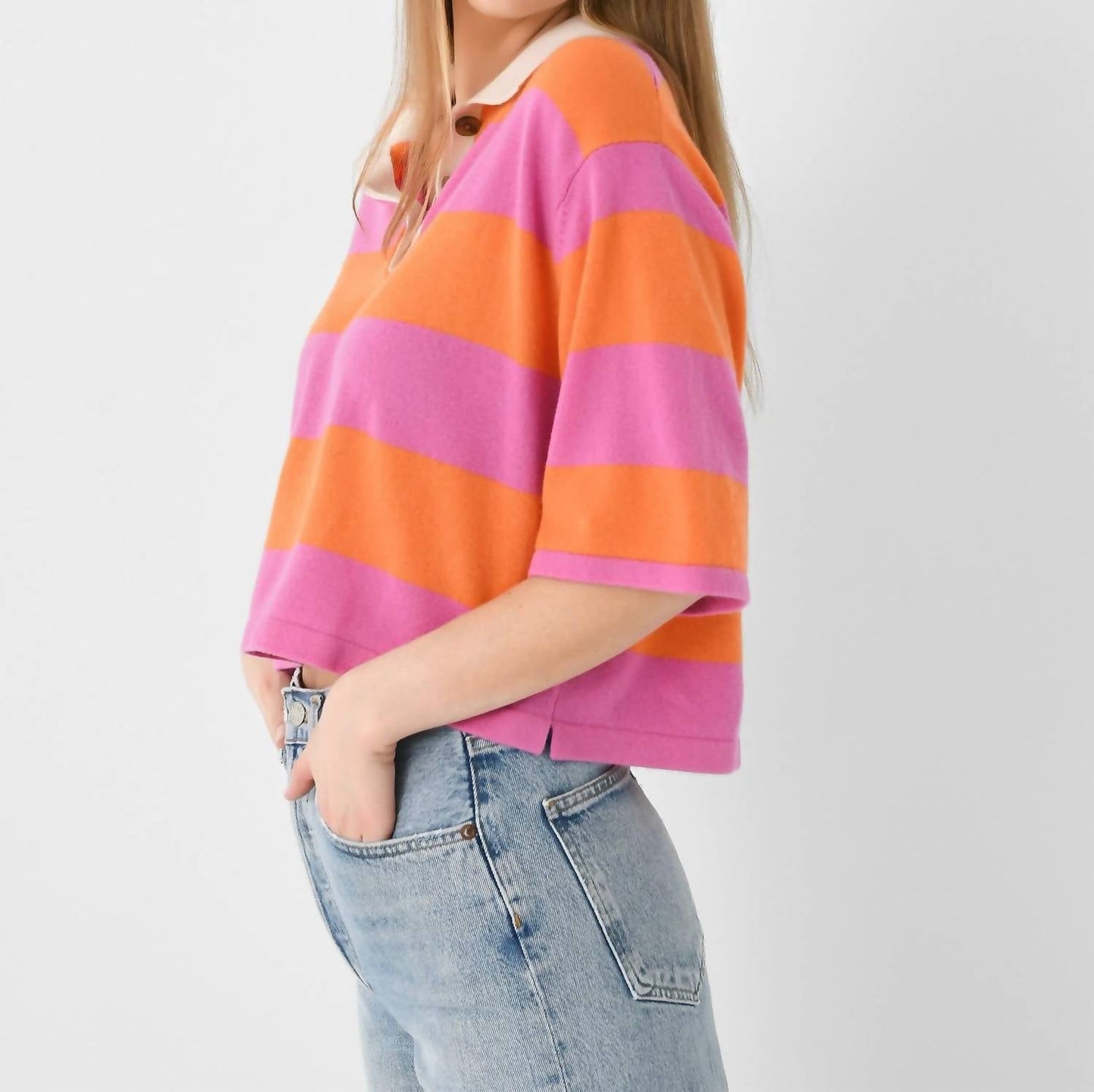 White + Warren - Cashmere Cropped Striped Polo Sweater