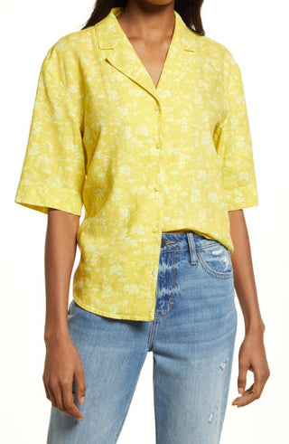 Treasure & Bond Women's Yellow Floral Linen Blend Camp Shirt