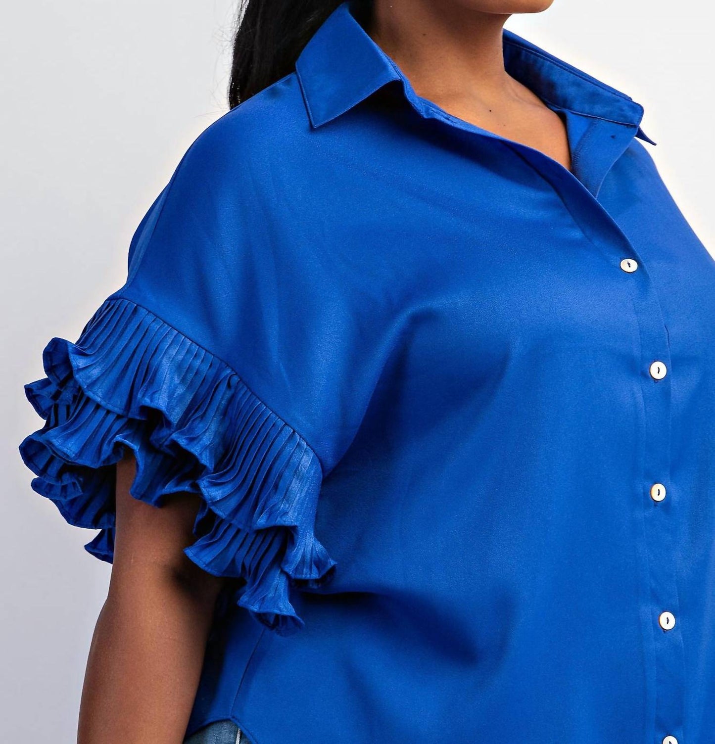 The Curve La - Plus Size Pleated Ruffle Sleeve Shirt Top