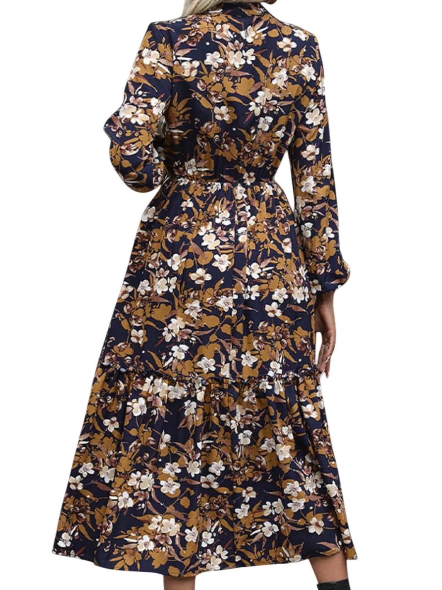 Epretty - Perfee Printed Notched Long Sleeve Midi Dress