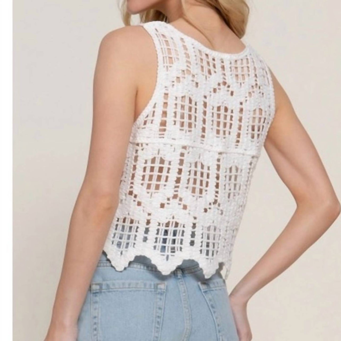 Active Basic - Sleeveless Round Neck Cotton Crochet Crop Tank Top
