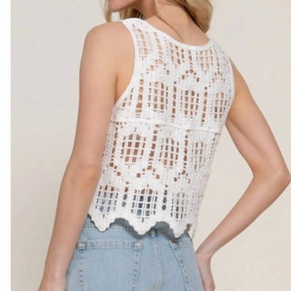 Active Basic - Sleeveless Round Neck Cotton Crochet Crop Tank Top