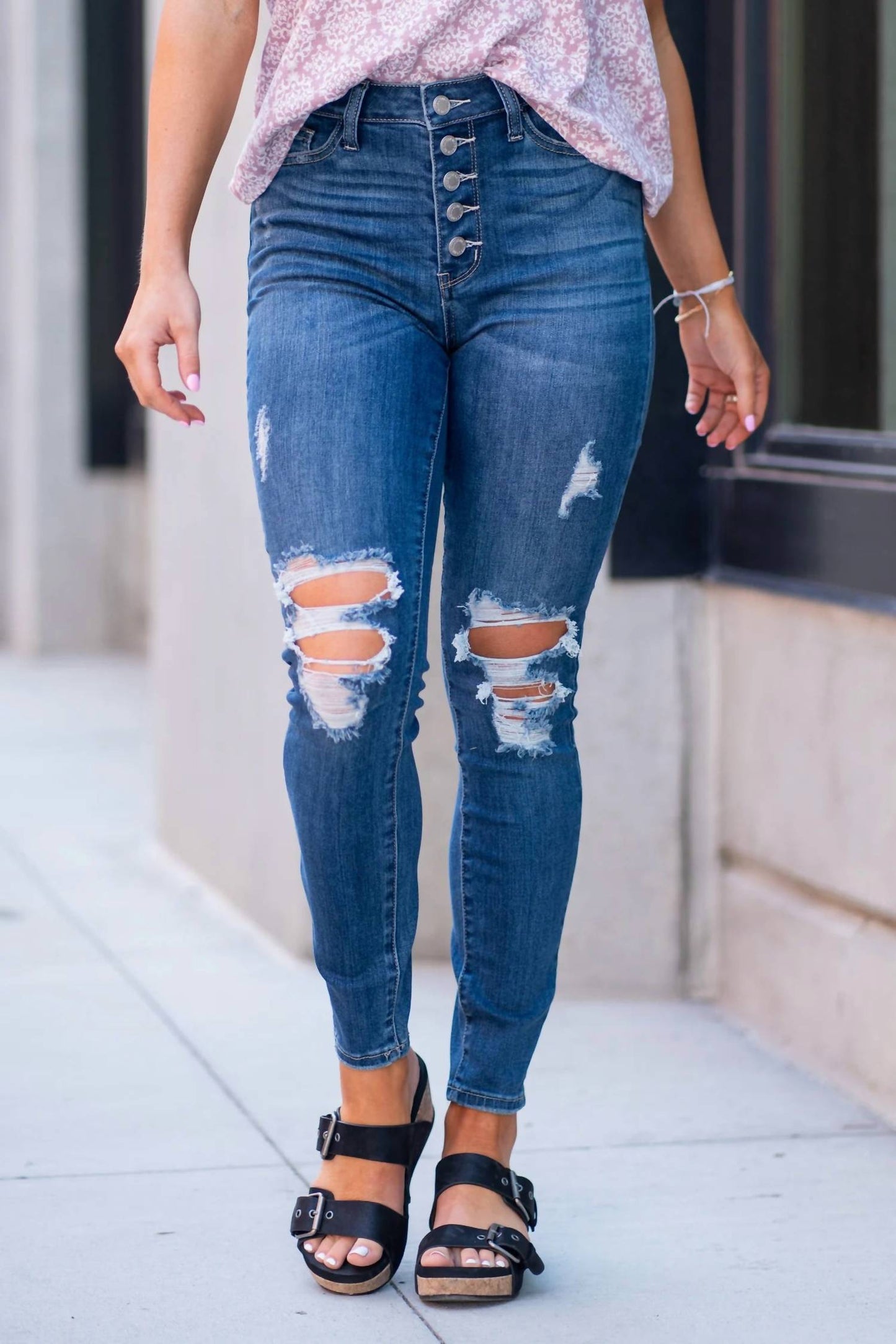 Judy Blue - High Waist Button Fly Distressed Skinny Jeans
