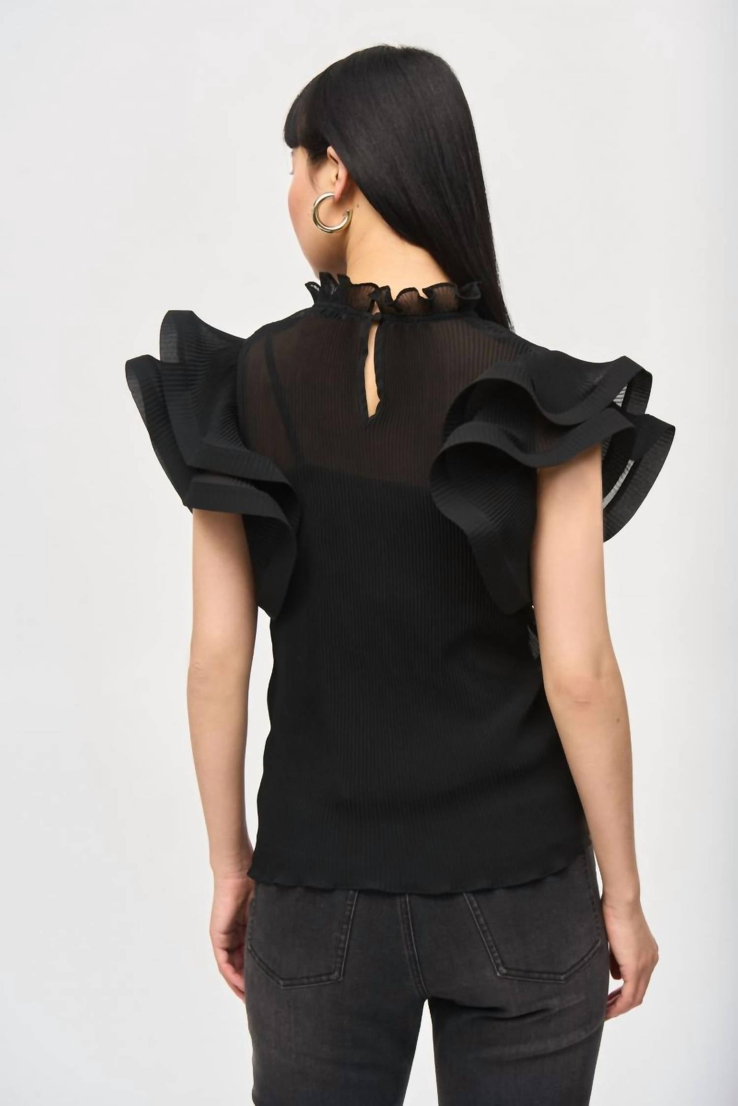 Joseph Ribkoff - Black Chiffon Ruffled Sleeve Turtle Neck Top