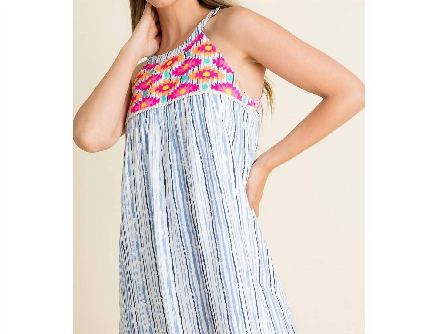 Thml - Stripe Embroidered Halter Dress
