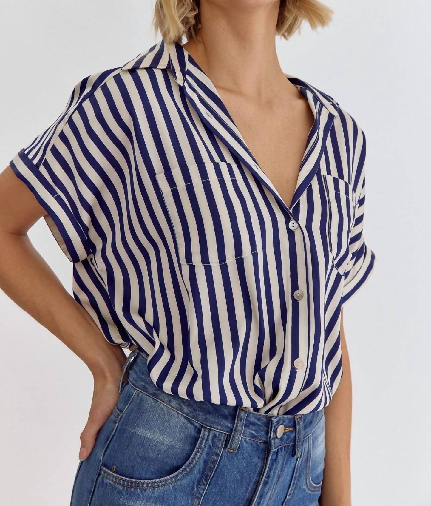 Entro - Striped Collared Button Up Top