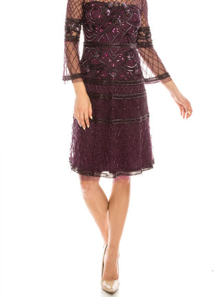 Aidan Mattox - Embellished Three-quarter Sleeve Evening Dress