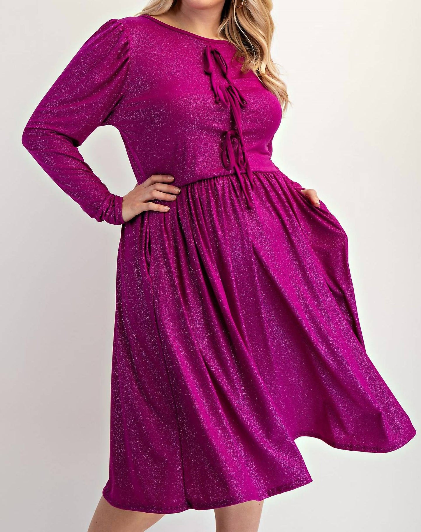 The Curve La - Plus Size Glitter Knit Flare Dress With Bow Details