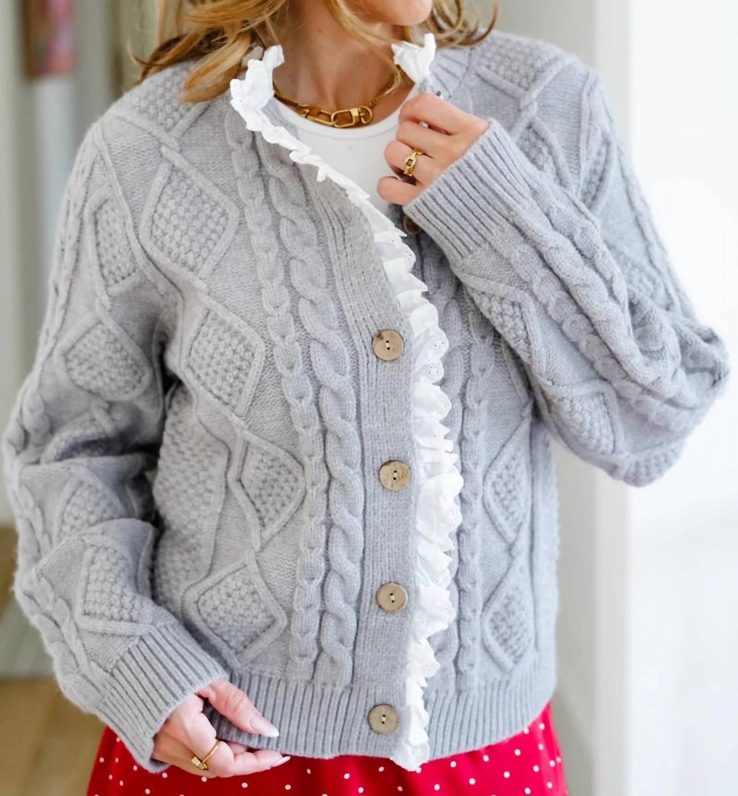 Aureum - Eyelet Trim Cable Knit Cardigan