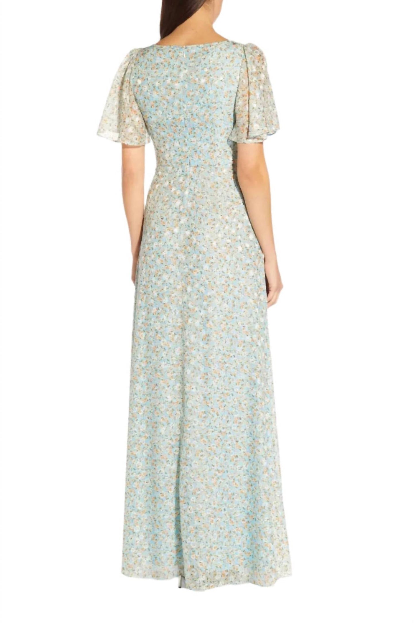 Adrianna Papell - Flutter Short Sleeves Long Chiffon Dress