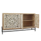 4 Door Wood Cabinet, Vintage Carved Wood with Metal Base