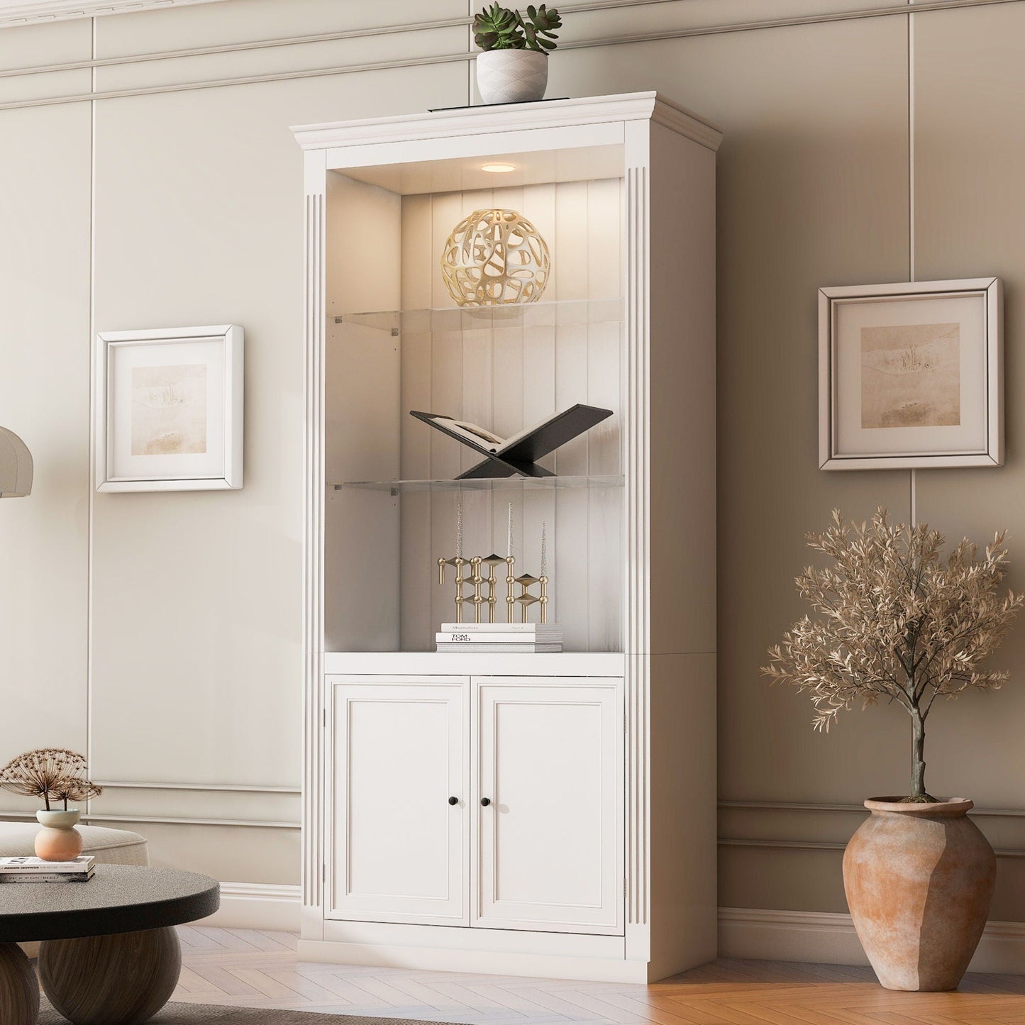 Retro Style Display Bookcase With Adjustable LED Ceiling Light And Tempered Glass Shelves - White