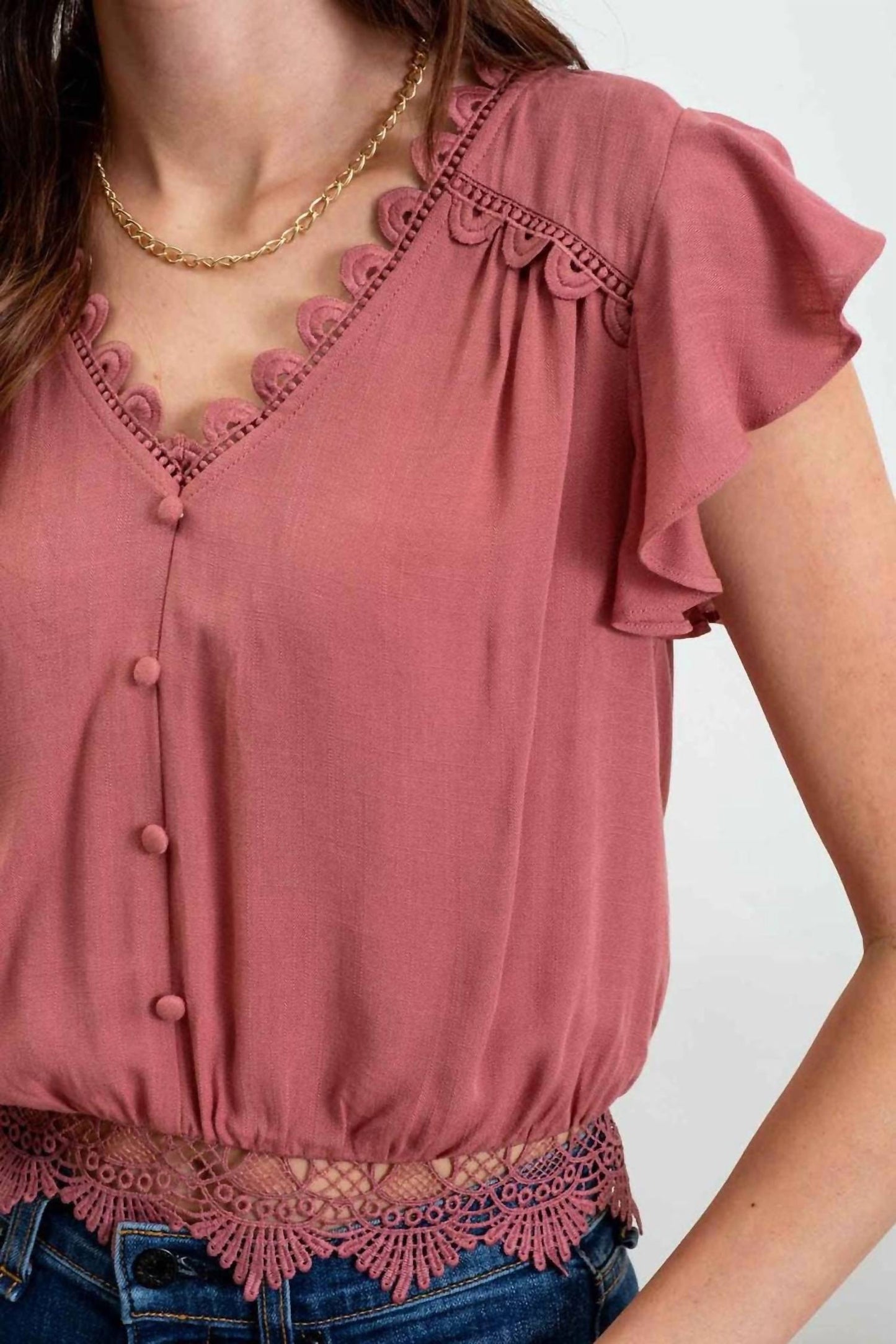 Blu Pepper - Scallop Lace Trim Back Tie Short Sleeve Crop Top