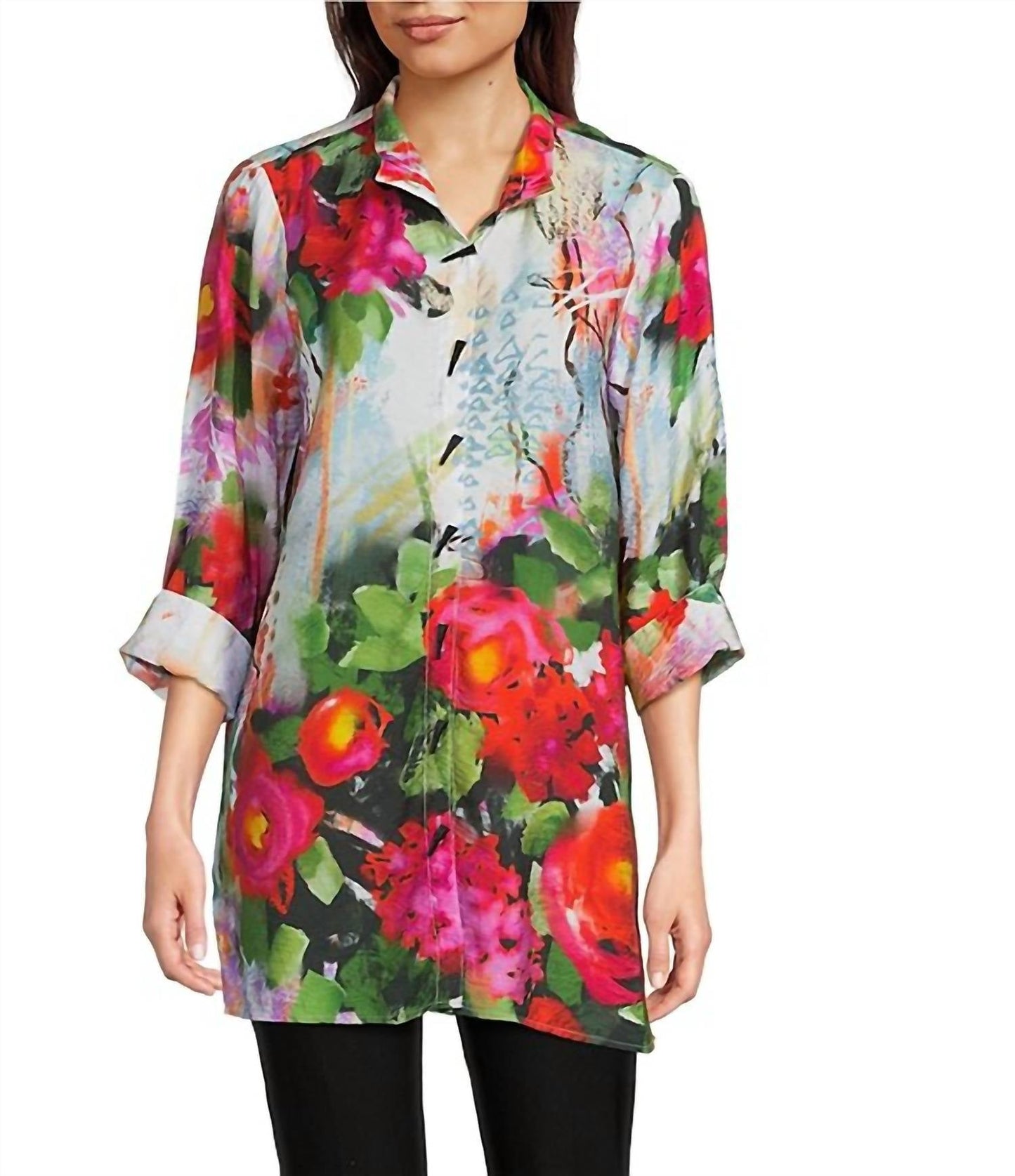 Ali Miles - Woven Floral Wire Neck Button-front Tunic