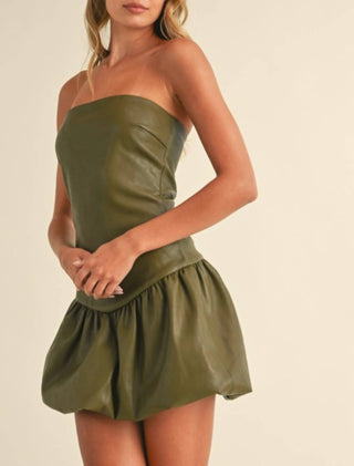 Klesis - Faux Leather Chevron Drop Waist Mini Dress