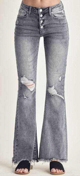 Risen - Mid Rise Button Flare Jeans