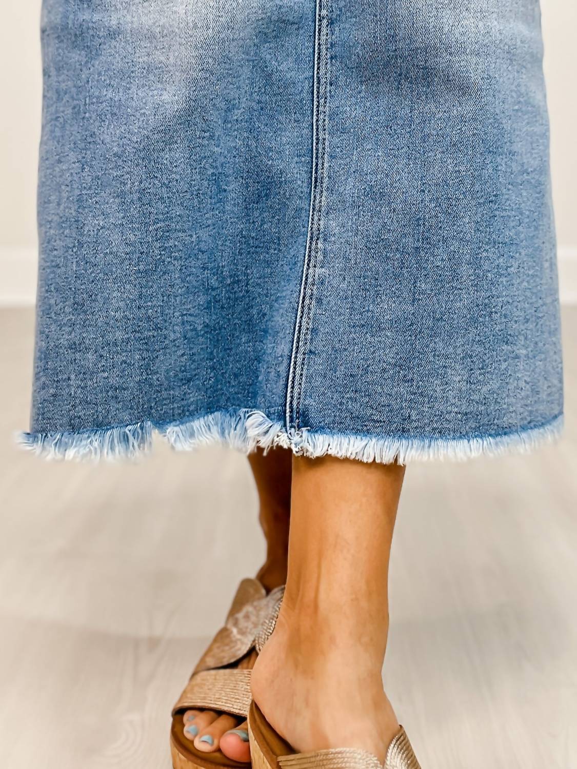Risen - High-rise Frayed Long Denim Pencil Skirt