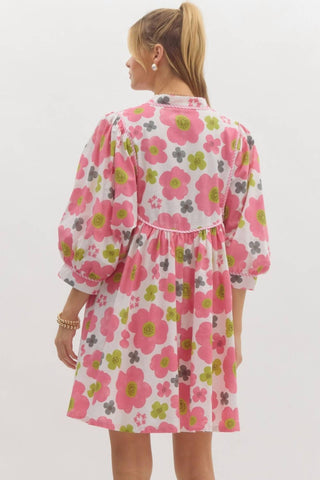 Entro - Floral Babydoll With Contrast Trim And Mid Sleeves Dress