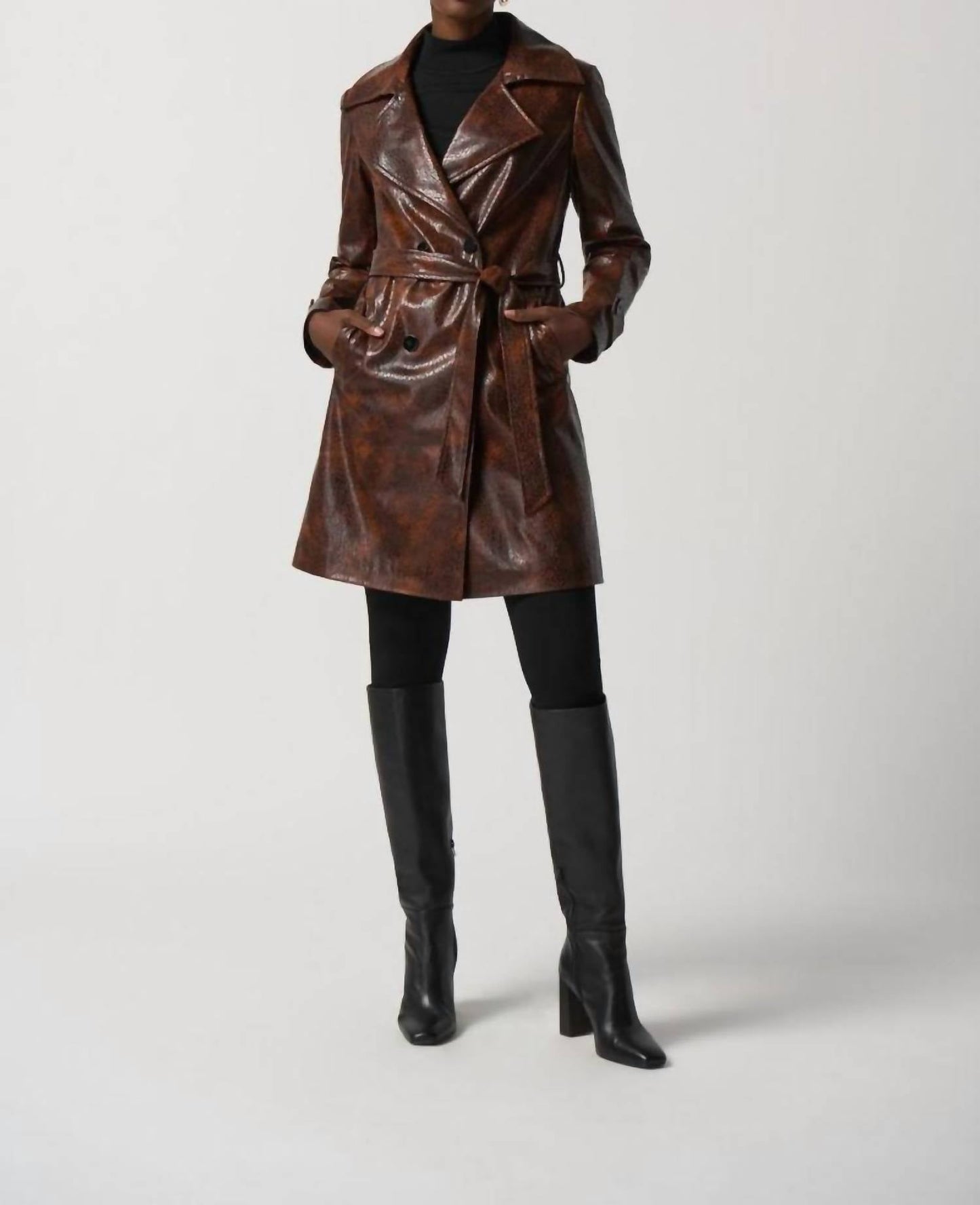 Joseph Ribkoff - Faux Leather Belted Double-breasted Coat