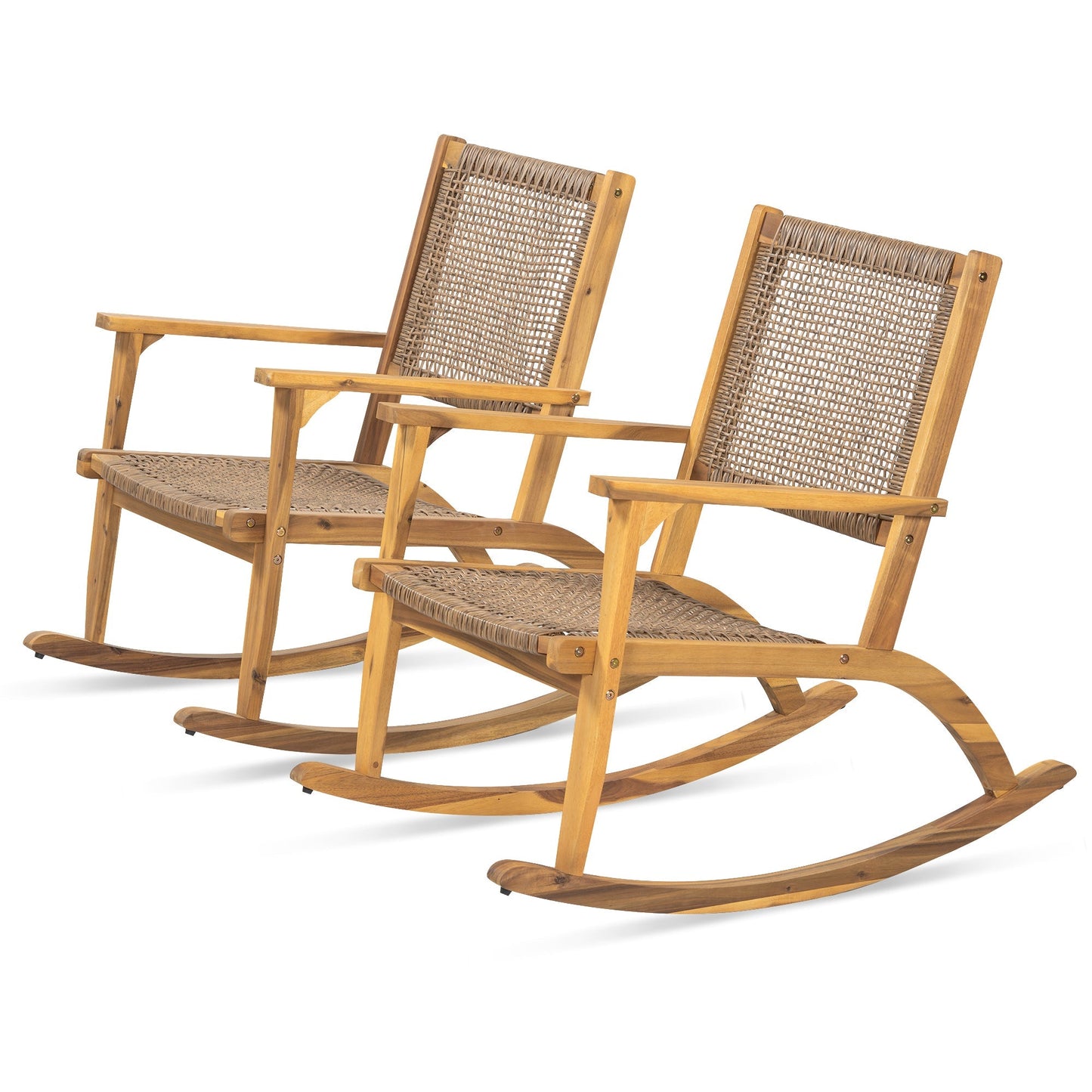 GO 2 Pieces Patio Rocking Chair Set, Natural Acacia Wood and Wicker
