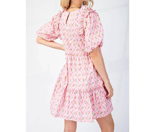 Bns - Printed Puff Sleeves Mini Ruffle Dress