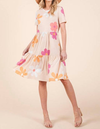 Trendsi - Bombom Floral Round Neck Short Sleeve Tiered Dress